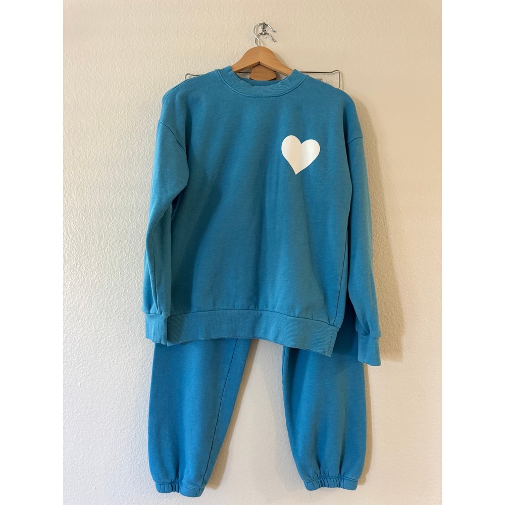 SPRWMN Women Blue Heart Sweatshirt and‎ Joggers Lounge Set Size XS Made in USA